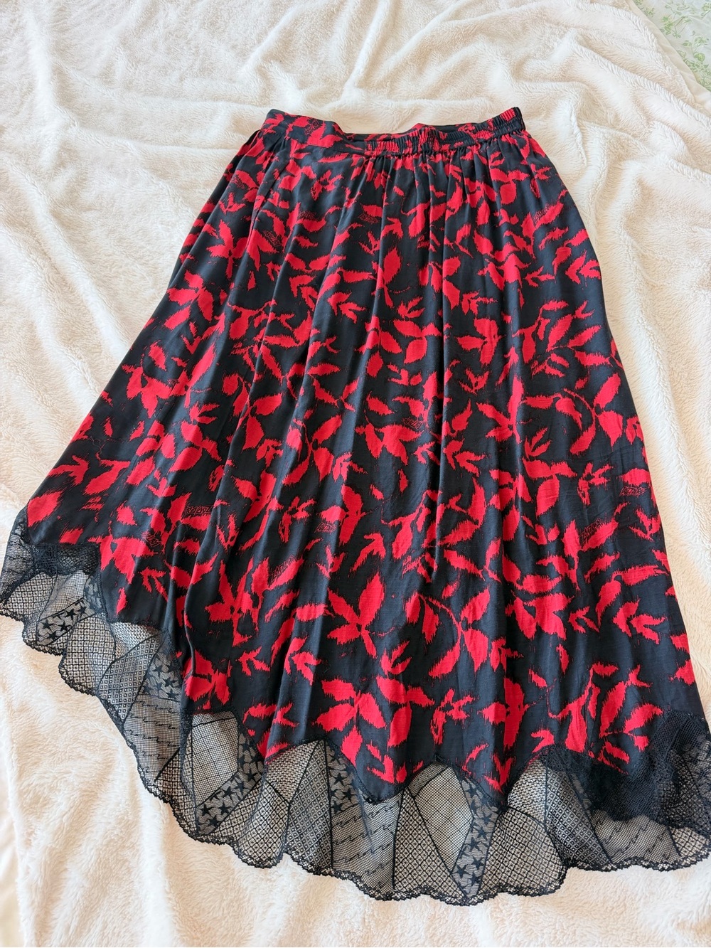 Zadig & Voltaire Red and Black Floral-Jacquard Midi Skirt with Lace Hem